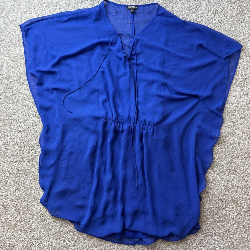 Express Dress Womens Large Blue Chiffon Short Sleeve V Neck Kaftan Mini Lined